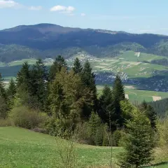 Zielone wzgórza i lasy Gorczańskiego Parku Narodowego, z widoczną w oddali wioską.