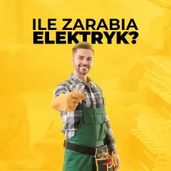 Uśmiechnięty elektryk w zielonym ogrodniczkach trzyma żarówki. Dowiedz się, ile zarabia elektryk i jakie są jego zarobki.