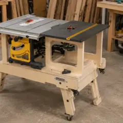 DIY router table plans come to life with this mobile woodworking station featuring a table saw and router.