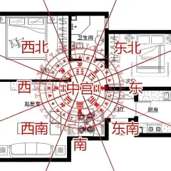 Schema di una casa con sovrapposto il **ba gua feng shui**. Le direzioni cardinali e i trigrammi guidano l'analisi energetica degli ambienti.