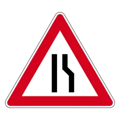 Gefahrenzeichen Verkehr: Achtung, Fahrbahnverengung rechts! Dieses Schild warnt vor einer bevorstehenden Verengung der Straße.