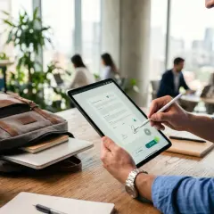 Hombre firma digitalmente un documento en tablet, un proceso clave para saber como renovar el certificado electronico.