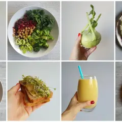 Zdrowe posiłki na płaski brzuch: woda z cytryną, sałatka z ciecierzycą, kalarepa, granola z owocami, ryż z warzywami, kanapka z kiełkami, smoothie, chrupki z warzywami.