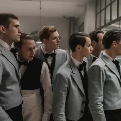 Grupa młodych mężczyzn w jasnych garniturach i muszkach, jakby przygotowujących się do premiery filmu. Filip film recenzja.