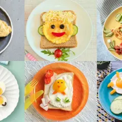 Des assiettes pleines d'imagination pour une recette œuf enfant : un parapluie, un visage, un poulet, un papillon, un poussin et un soleil.