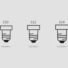 Ilustración de tres bases de bombilla (E10, E12, E14) con sus diámetros.