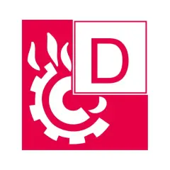 Symbol für Brandklasse D: Zahnrad mit Flammen und dem Buchstaben D in einem Quadrat.