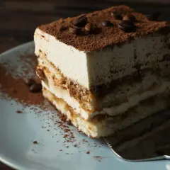 Pyszne tiramisu włoskie, warstwowe ciasto z kremem i kakao, ozdobione ziarnami kawy.