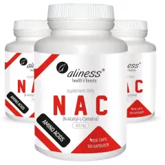 Trzy białe opakowania suplementu diety Aliness NAC (N-Acetyl-L-Cysteina) 500 mg, z czerwonymi akcentami i napisem "AMINO ACIDS".
