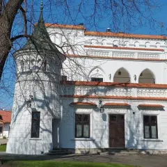Biały pałac z wieżyczką i czerwonym dachem, otoczony drzewami. W oddali widać inne budynki. To piękny widok na **Radomyśl Wielki**.
