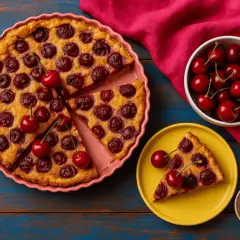 Un délicieux clafoutis aux cerises, encore chaud, est servi dans un plat rose. Une part est déjà sur une assiette jaune, accompagnée de cerises fraîches.