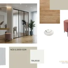 Ingresso moderno con specchio illuminato, pouf color tortora chiaro e finiture in beige sabbia RAL9016.