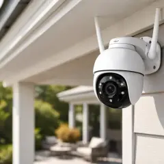 Une caméra de surveillance blanche est fixée sur un mur extérieur, soulevant des questions sur les caméras de surveillance et la vie privée.