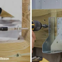 Skruva trall med borrmaskin. En bild visar hur man skruvar i en träbit, den andra visar hur man fäster en metallvinkel med skruv.