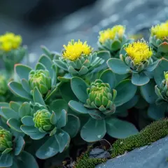 Roccioso paesaggio con piante succulente verdi e gialli fiori. La rodiola, nota per le sue proprietà adattogene, fiorisce con vigore, simbolo di vitalità e sessualità.