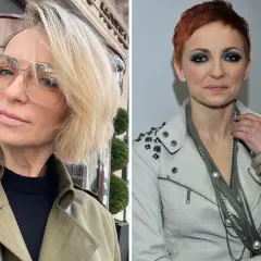 Anna Wyszkoni w dwóch odsłonach: z blond włosami i okularami, oraz z krótkimi rudymi włosami i wyrazistym makijażem.