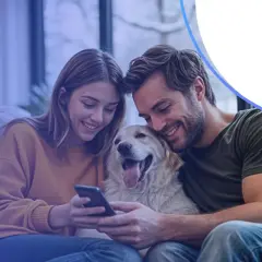 Szczęśliwa para z psem przegląda ofertę velo bank kredyt hipoteczny na telefonie.