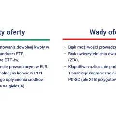Zalety i wady oferty XTB: możliwość inwestowania na giełdzie w ETF-y, niskie koszty, brak prowizji. Wady: brak IKE/IKZE, kłopotliwe rozliczanie podatku.