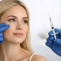 En hand i blå handske håller en spruta redo att ge en injektion. En kvinna med blont hår tittar bort, hennes ansikte är redo att **tear through** med skönhetsbehandling.