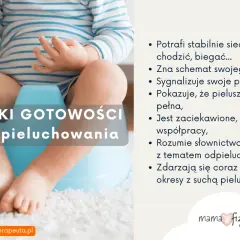 Dziecko siedzi na nocniku, gotowe do odpieluchowania. Widoczne oznaki gotowości: stabilne siedzenie, sygnalizowanie potrzeb, sucha pieluszka.