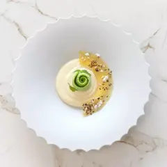 Dessert crémeux avec spirale verte, garni de fruits confits et graines.