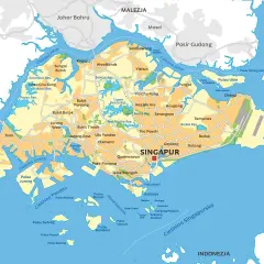 Mapa pokazuje gdzie leży Singapur, otoczony przez Malezję i Indonezję, z licznymi wyspami i cieśninami.