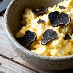 Œufs brouillés garnis de fines lamelles de variétés de truffes noires. Un délice sur fond de bois rustique.