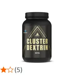 Schwarzer Behälter mit "Cluster Dextrin" Aufschrift. Die Bewertung von 4,2 Sternen deutet auf mögliche Nachteile hin, die Nutzer diskutieren.
