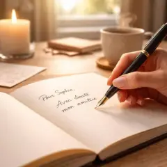 Une main écrit "Pour Sophie, Avec toute mon amitié" dans un carnet, évoquant les plus belles dédicaces de livres. Une bougie allumée et une tasse de café complètent la scène.