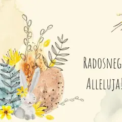 Uroczy zajączek i pisanki wśród wiosennych kwiatów. Radosnego Alleluja!