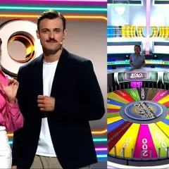 Dwoje prowadzących obok koła fortuny z kolorowymi polami i wartościami pieniężnymi.