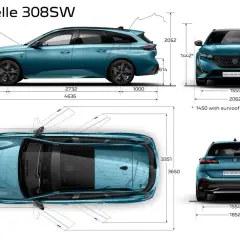 Nowe Peugeot 308 SW: wymiary zewnętrzne i wewnętrzne. Długość 4636 mm, szerokość 1860 mm, wysokość 1700 mm.