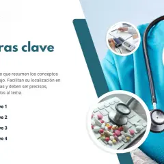 Plantilla póster científico con "Palabras clave" y listado. Imágenes de equipo médico y pastillas.