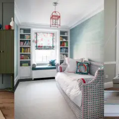 Ideas on how to style a daybed: a patterned daybed with pillows, a built-in daybed with bookshelves, and a minimalist daybed by a window.
