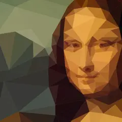 Geometrische Interpretation der Mona Lisa von Da Vinci, mit polygonalen Formen und erdigen Tönen.