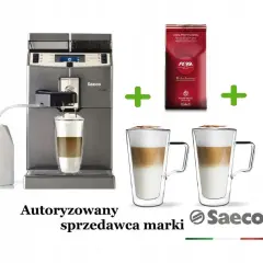 Ekspres Saeco Lirika z akcesoriami, idealny do przygotowania kawy. Pamiętaj o regularnym odkamienianiu dla najlepszych rezultatów.