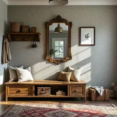 Przytulny salon w stylu vintage. Drewniana ławka, ozdobne lustro i pleciony kosz tworzą ciepłą atmosferę.