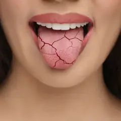 Lingua screpolata, segno di bocca secca. Cause comuni includono disidratazione, farmaci, o condizioni mediche.