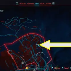 Mapa w grze cyberpunk, z zaznaczonym celem misji "Komu bije dzwon" i strzałką wskazującą numer 43.