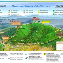 Mapa turystyczna Czantorii z zaznaczonymi szlakami, kolejką linową i punktami widokowymi.