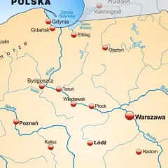 Mapa Polski z zaznaczonymi miastami i rzekami. Widać wybrzeże Bałtyku, a na południu Polski rzeki Odra i Warta.
