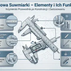Ilustracja pokazuje budowę suwmiarki, wyjaśniając jak mierzyć suwmiarką. Opisano prowadnicę, suwak z wyświetlaczem LCD, szczęki górne i dolne, głębokościomierz i śrubę blokady.