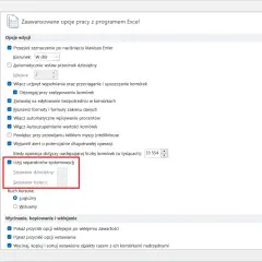 Ustawienia Excela: jak zamienić kropkę na przecinek. Zaznacz "Użyj separatorów systemowych", by zmienić format liczb.
