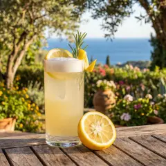 En uppfriskande yuzu drink med citronskiva och rosmarin, serverad utomhus med havet i bakgrunden.