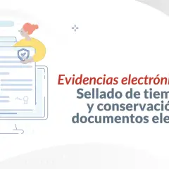 Ilustración de personas gestionando documentos electrónicos. Un servidor de marca de hora garantiza la integridad de las evidencias digitales.