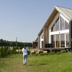Maison ossature bois avec une femme et des moutons. Le schéma de fondation est invisible.