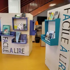 Étagères de livres bleues et turquoises sur des présentoirs en bois avec l'inscription "FACILE À LIRE". Un barrage défensif de livres pour tous.