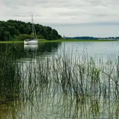Żaglówka na spokojnym jeziorze, otoczona zielenią. Idealne miejsce na tygodniowy rejs po Mazurach.
