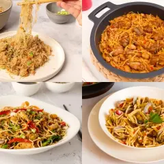 Cuatro deliciosas recetas con fideos: salteados, fideuá de pollo, con verduras y mariscos. ¡Inspírate para tu próxima comida!