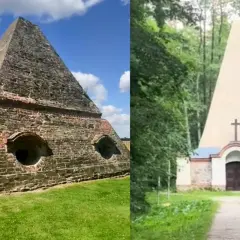 Dwie niezwykłe piramidy w Polsce: jedna kamienna z okrągłymi otworami, druga w lesie z krzyżem.